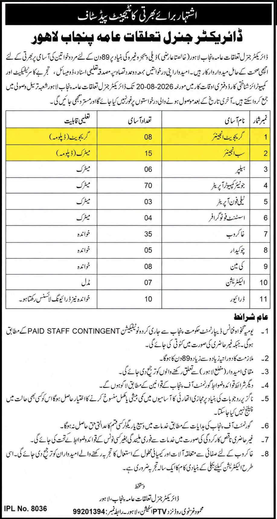 Advertisement for Directorate General Public Relations Jobs DGPR 2026