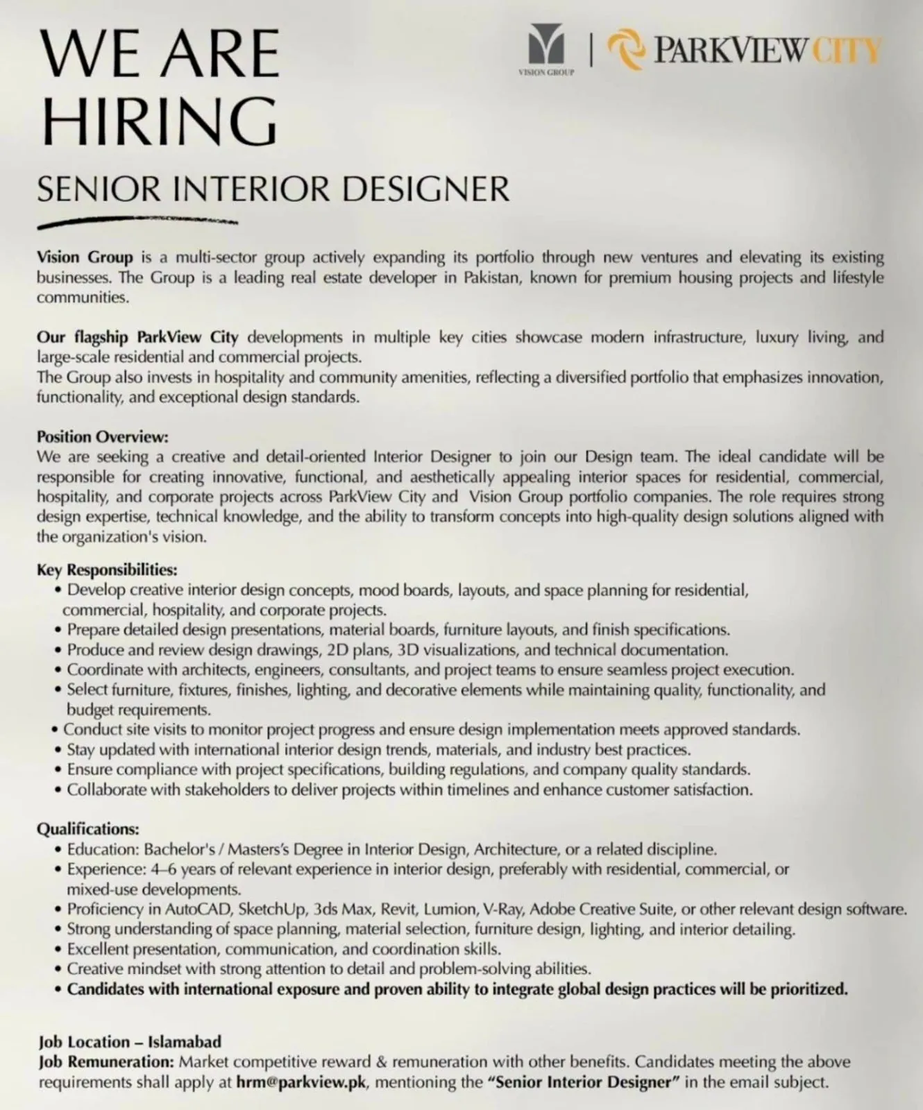 Advertisement for Senior Interior Designer Jobs