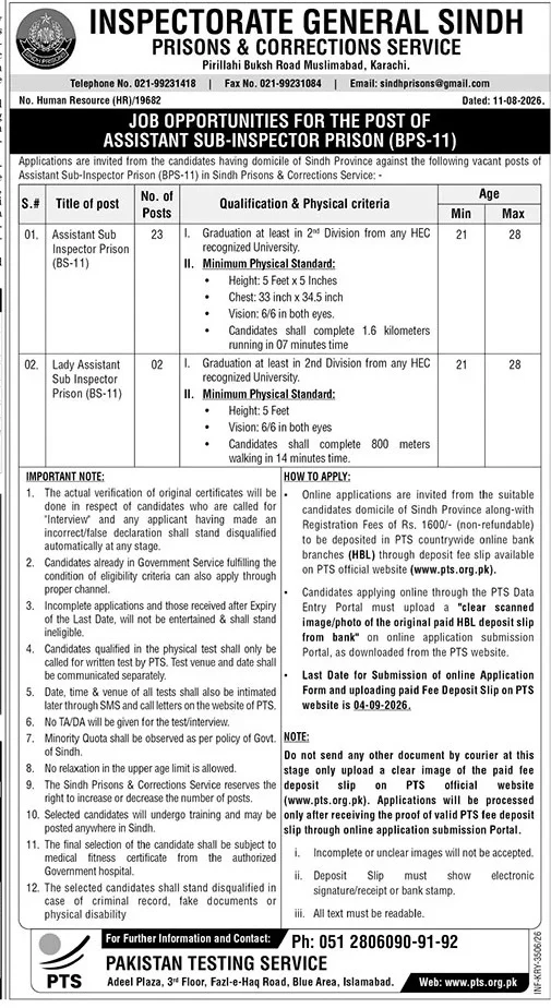 Advertisement for Sindh Jail Police Jobs 2026