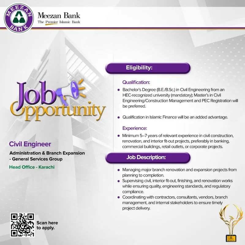 Meezan Bank Karachi Civil Engineer Jobs