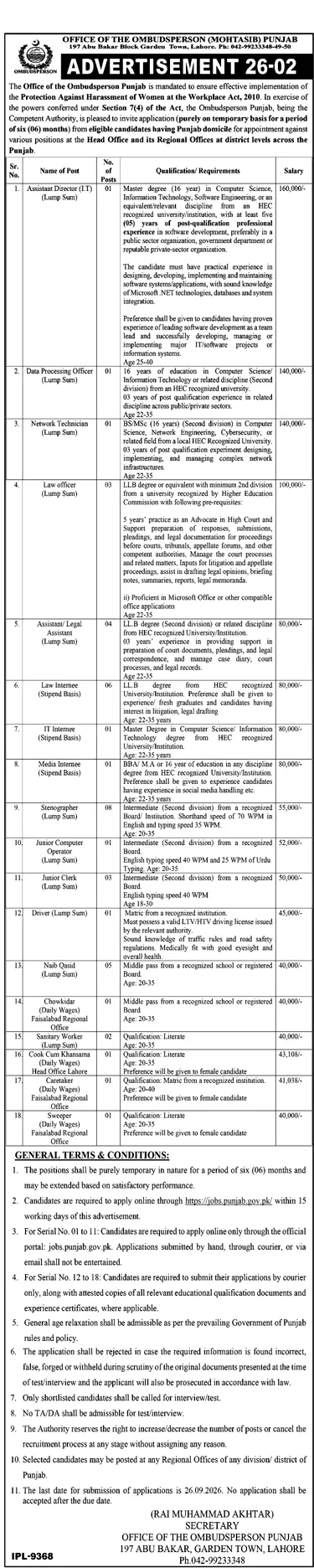 Advertisement for Mohtasib Punjab Jobs 2026